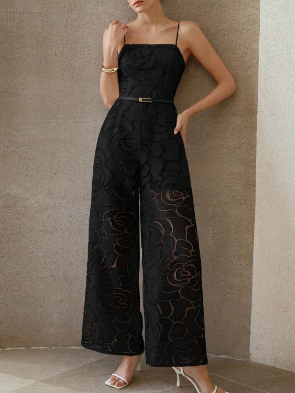 White Elegant Women's Artistic Texture Camisole Jumpsuit - Picture 6 of 7